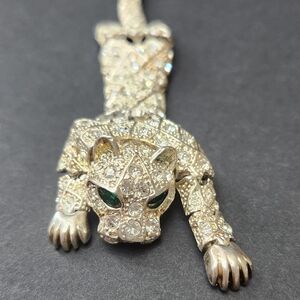 Vintage Rhinestone Panther Brooch with Green Eyes, Dual Claps.